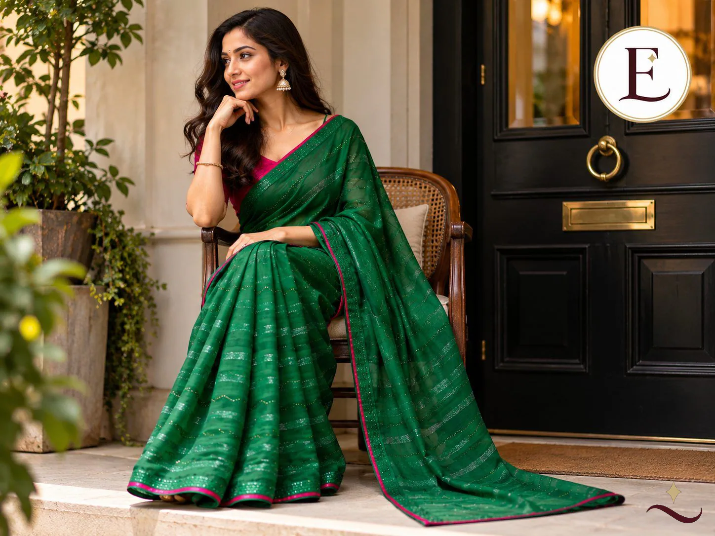 Emerald Green Shimmer Chiffon Saree