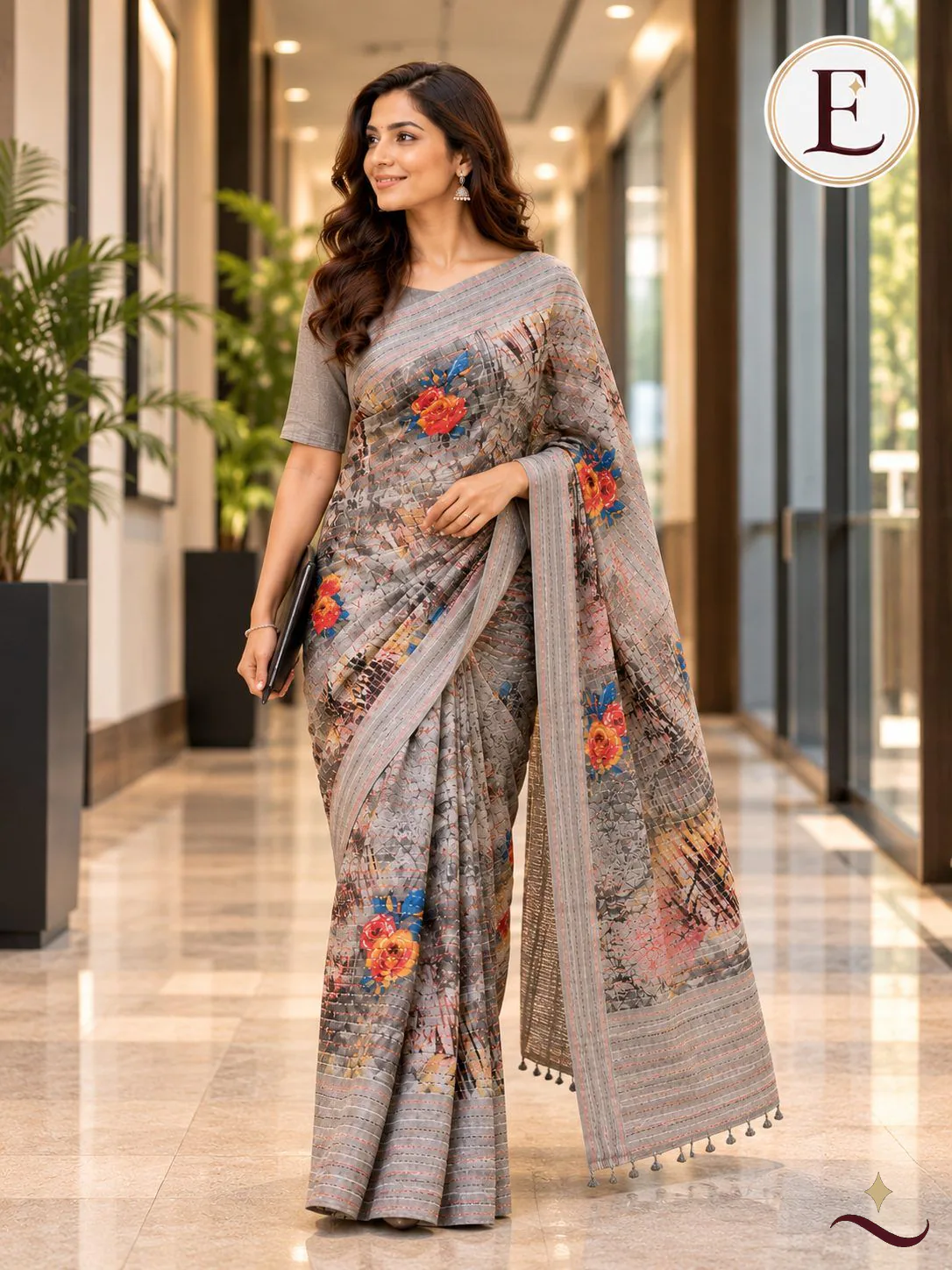 Elegant Grey Floral Saree gallery 3