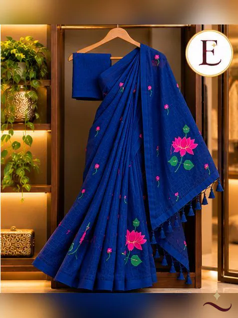 Royal Blue Floral Embroidered Cotton Saree
