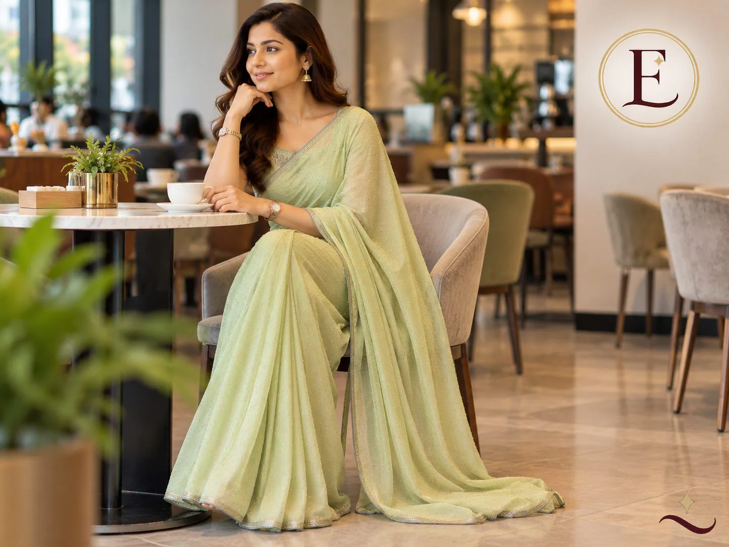 Elegant Pastel Green Chiffon Saree with Golden Pearl Dots