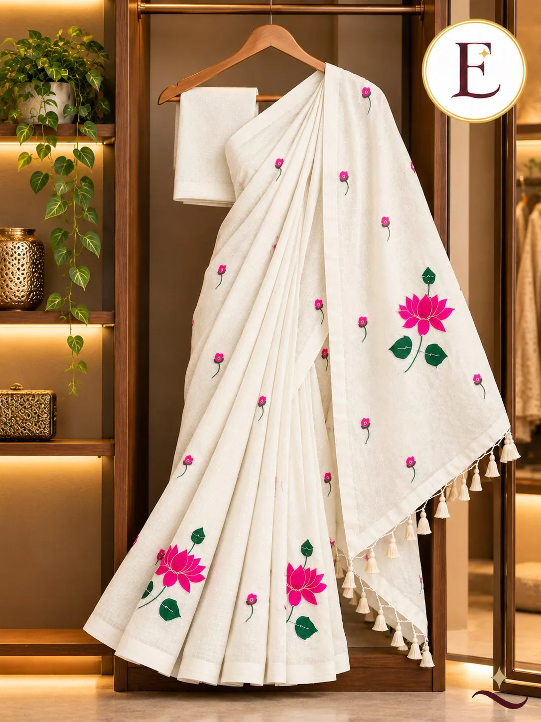 Elegant White Floral Embroidered Cotton Saree